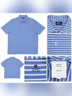 Johnnie-O Men's Polo Shirt Size Large Blue White Striped Cotton Modal .